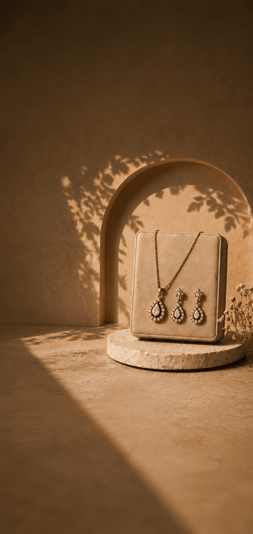 Saaj fashion jewellery displayed in a warm arched setting